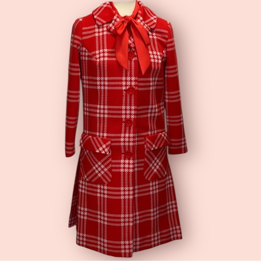 Vintage Red and White Plaid Pea Coat